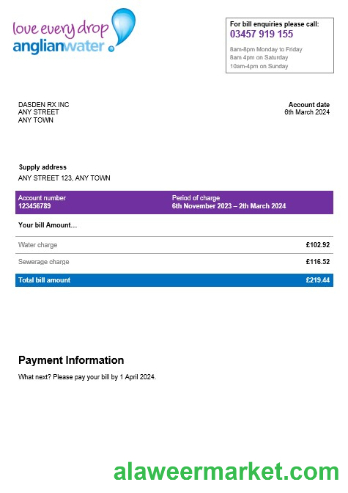 USA Anglian water business utility bill Word and PDF template